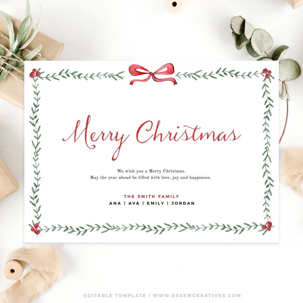 minimal christmas card template, greenery christmas card border 2023,  printable editable holiday card, horizontal instant download corjl 489 -  essem